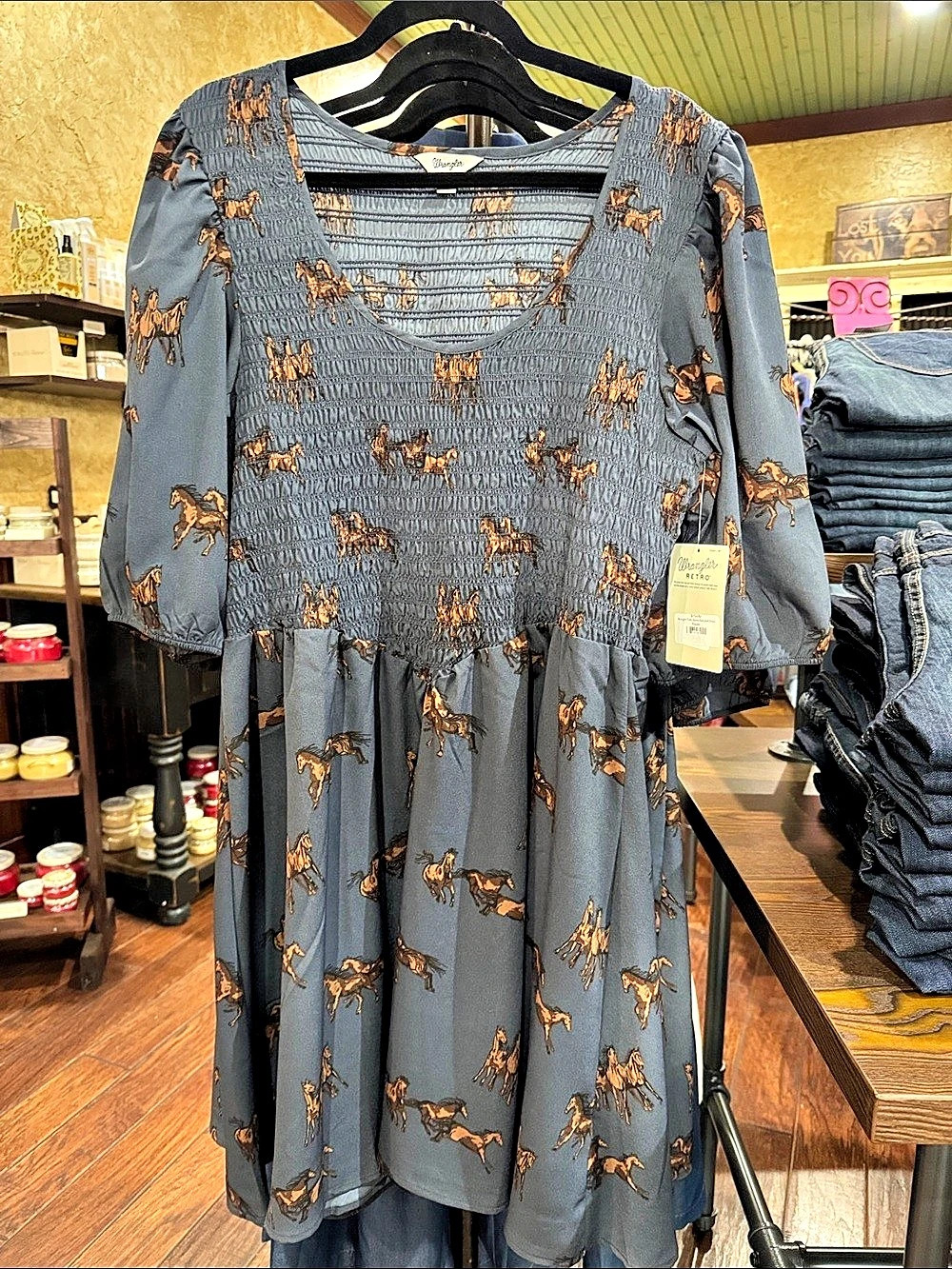 Wrangler Retro Western Flare Sleeve Babydoll Dress Western Horse Print Midi